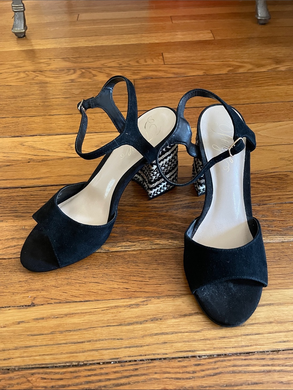 Fergie Black Suede Open-Toe Ankle Strap Heels